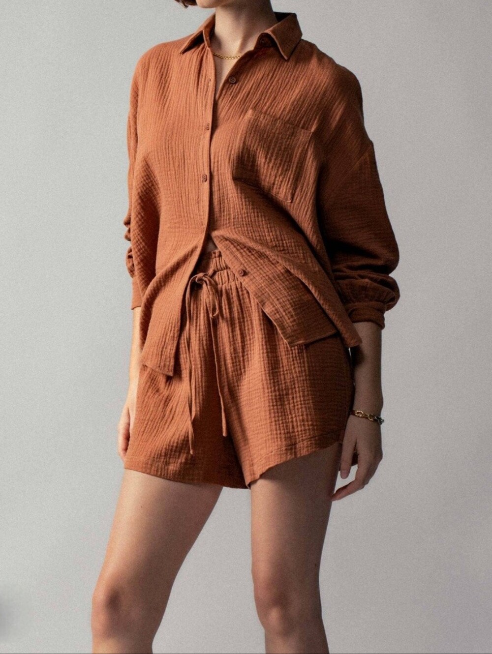 #101193 🛑S,M,L  Crinkle Cotton Gauze Resort Button-Up 2pc Set